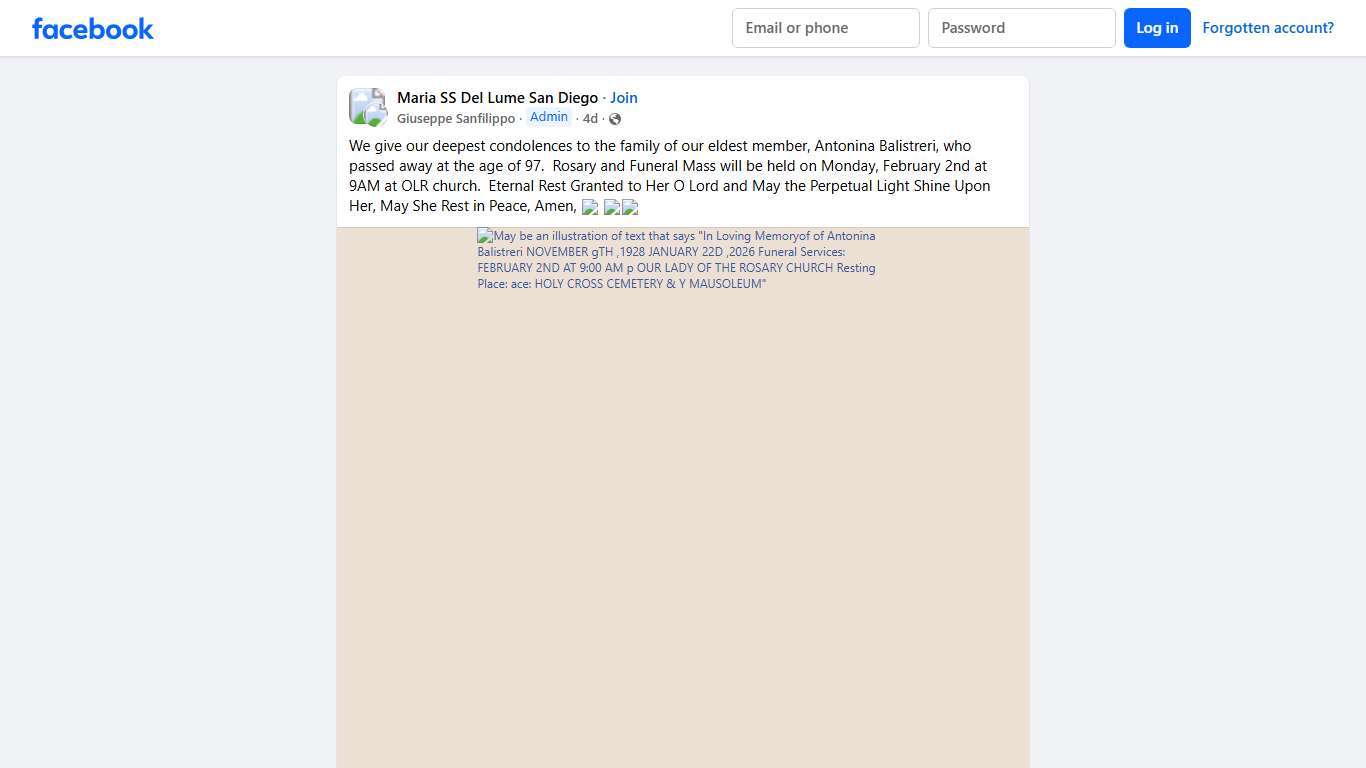 Maria SS Del Lume San Diego We give our deepest condolences to the family of our eldest member, Antonina Balistreri, who passed away at the age of 97 Facebook